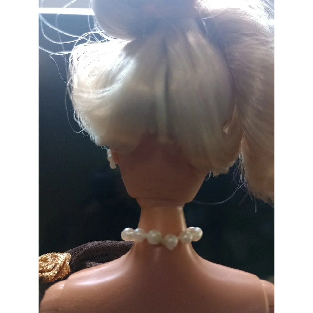 Vintage 1990s Mattel Barbie Doll Blonde‎ Updo Brown Evening Gown Pearl Jewelry